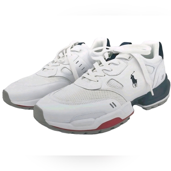 POLO RALPH LAUREN JOGGER LEATHER /MESH SNEAKERSWHITE/NAVY/RED MENS US SIZE 11